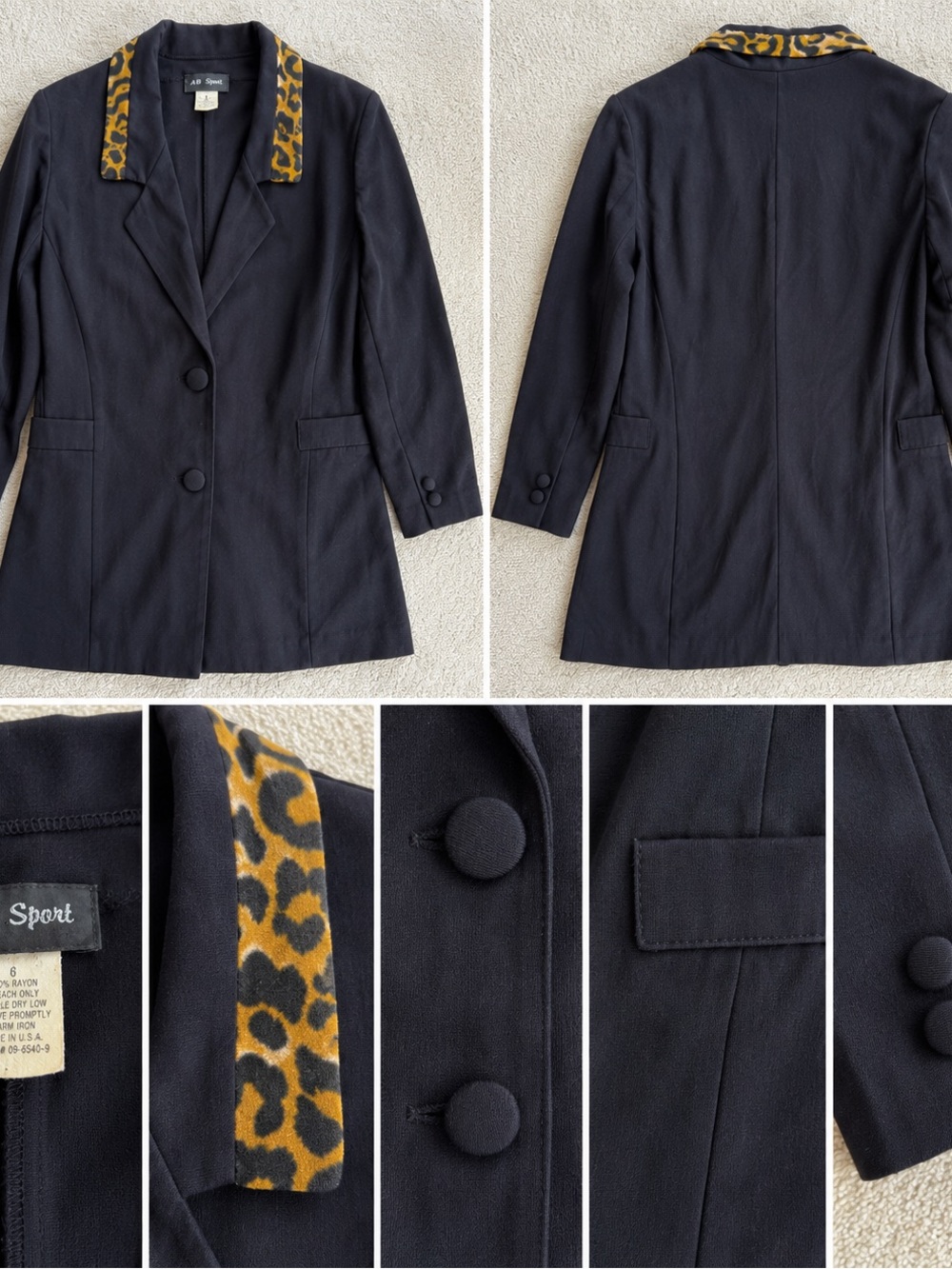 Vintage Black Blazer with Leopard Trim Jacket USA 90’s Size 6